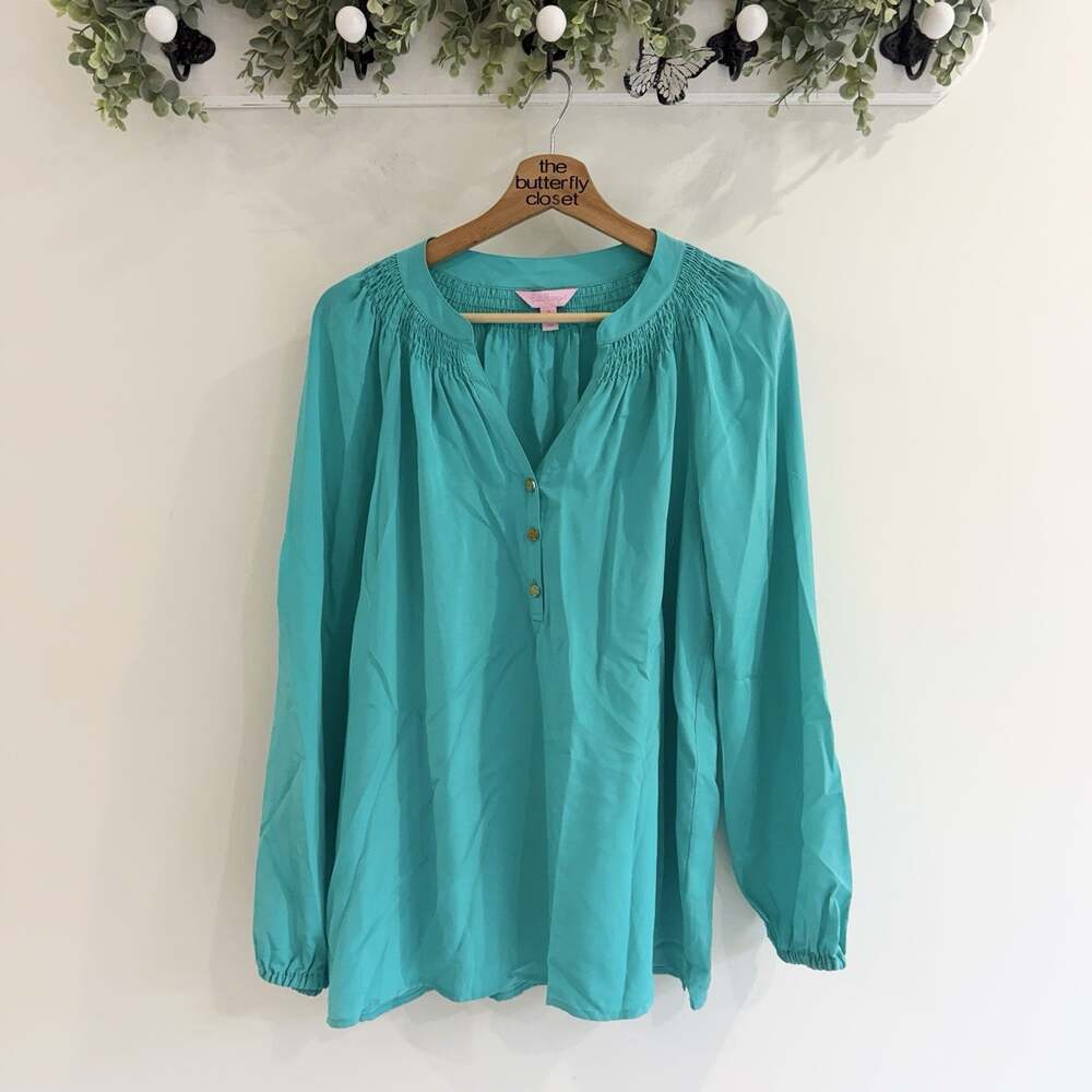 Lilly Pulitzer Teal Elsa Blouse Silk Medium HH5724